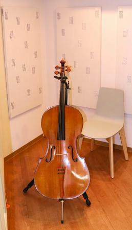 千葉大病院に寄贈された防音室。チェロは山本栞路さんの両親が持参した＝１０月７日、千葉市