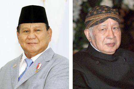 インドネシアのプラボウォ大統領（左）、スハルト元大統領（ロイター＝共同）