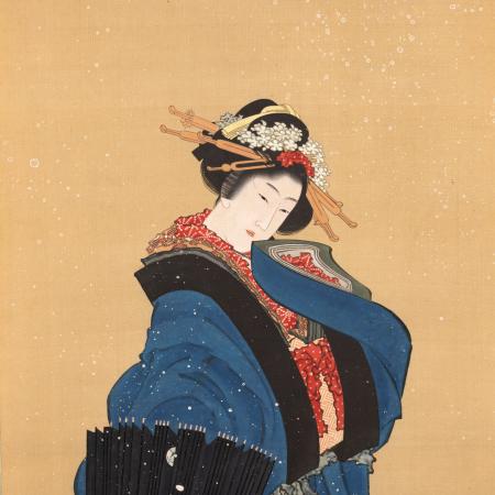 葛飾北斎の肉筆画「雪中美人図」（部分）