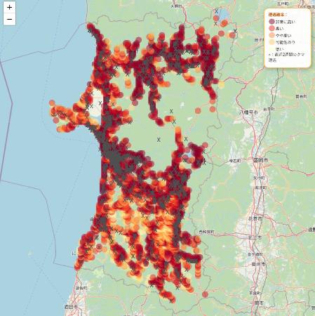 クマとの遭遇確率を示した秋田県の地図（２０２５年１１月１０日のクマ遭遇ＡＩ予測マップより）