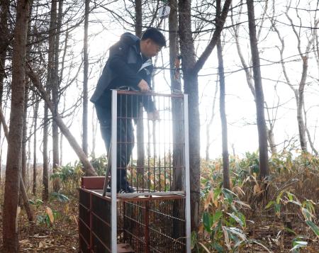 箱わなのセンサーを点検する太田和哉さん＝１１月２７日、北海道松前町