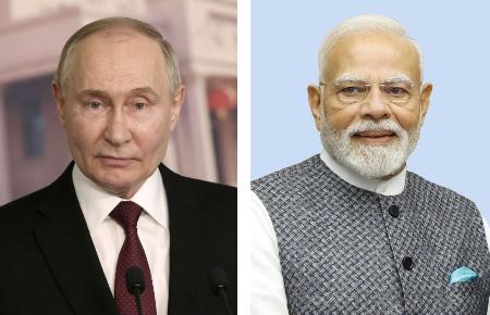 ロシアのプーチン大統領（ゲッティ＝共同）、インドのモディ首相