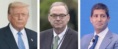 トランプ米大統領（ロイター＝共同）、国家経済会議のケビン・ハセット委員長（ＡＰ＝共同）、元ＦＲＢ理事のケビン・ウォーシュ氏（ゲッティ＝共同）