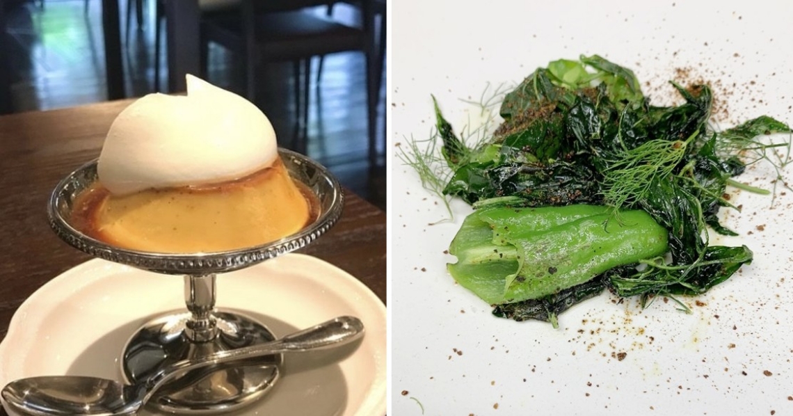 【写真左】地獄蒸しプリン【写真右】甘長唐辛子とモロヘイヤ、スズキの地獄蒸し