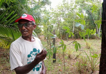 パッションフルーツのつるを手に農場の説明をするフィーリョさん＝１１月、ブラジル・モスケイロ島（共同）