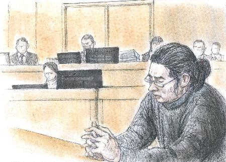 判決理由を聞く山上徹也被告（イラストと構成・松川久美）