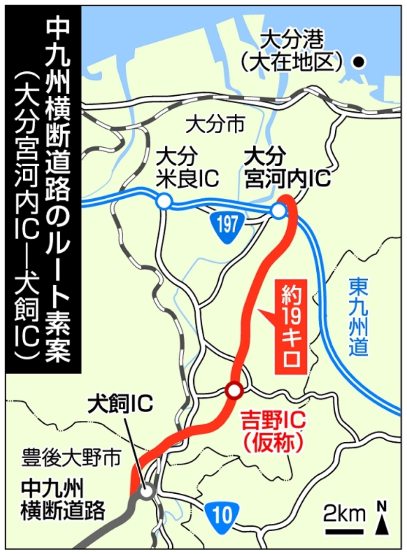 中九州横断道路のルート素案（大分宮河内ＩＣ―犬飼ＩＣ）