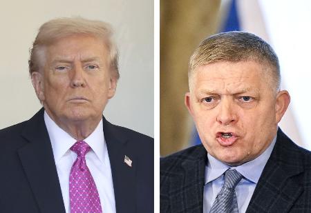 左からトランプ米大統領（ゲッティ＝共同）、スロバキアのフィツォ首相（ロイター＝共同）