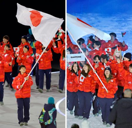 ６日、イタリア・ミラノでミラノ・コルティナ冬季五輪の旗手を務めた森重航（左、共同）とリビーニョで旗手を務めた冨田せな（代表撮影・共同）