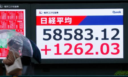 ５万８０００円を超えた日経平均株価の終値を示すモニター＝２５日午後、東京都中央区