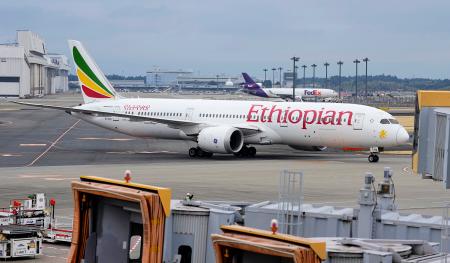 成田空港に到着した、政府手配のチャーター機＝１０日午前６時３４分