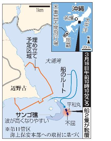 沖縄県名護市、辺野古沖、船２隻の転覆状況