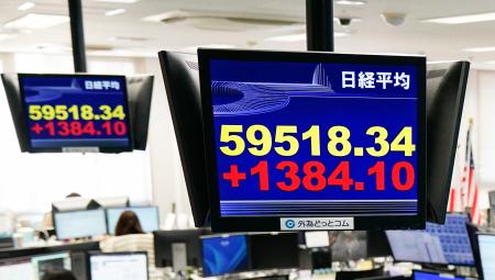 最高値を更新した日経平均株価の終値を示すモニター＝１６日午後、東京都港区の外為どっとコム