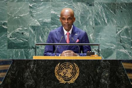 国連総会で演説するトーゴのドゥセ外相＝２０２３年９月、米ニューヨーク（ロイター＝共同）