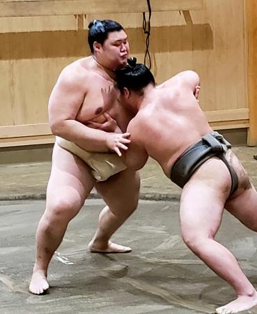 稽古する大の里（左）＝茨城県阿見町の二所ノ関部屋