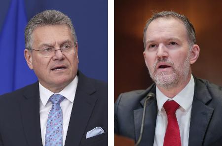 ＥＵのシェフチョビッチ欧州委員、米通商代表部のグリア代表（いずれもゲッティ＝共同）