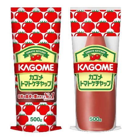 「カゴメトマトケチャップ」。従来の外袋（左）から印刷部分を減らし一部を透明にする