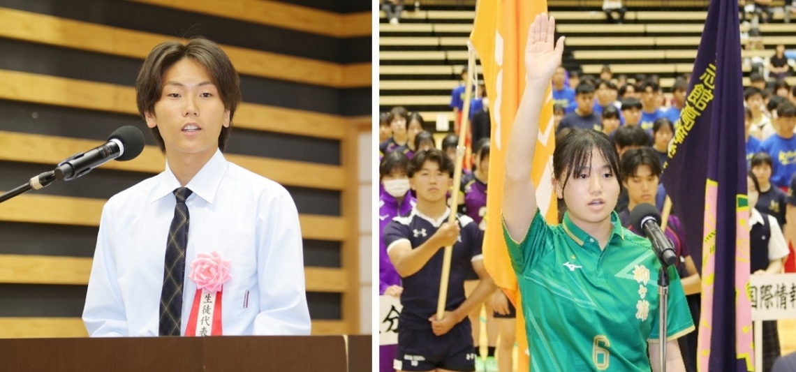 【写真左】生徒代表あいさつをする岩田の伊勢戸悠司さん　【写真右】選手宣誓をする柳ケ浦の竹田（中央）＝クラサス武道スポーツセンター