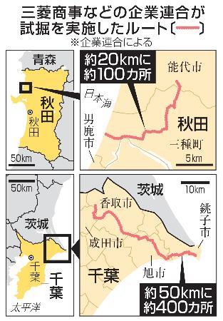 三菱商事などの企業連合が試掘を実施したルート