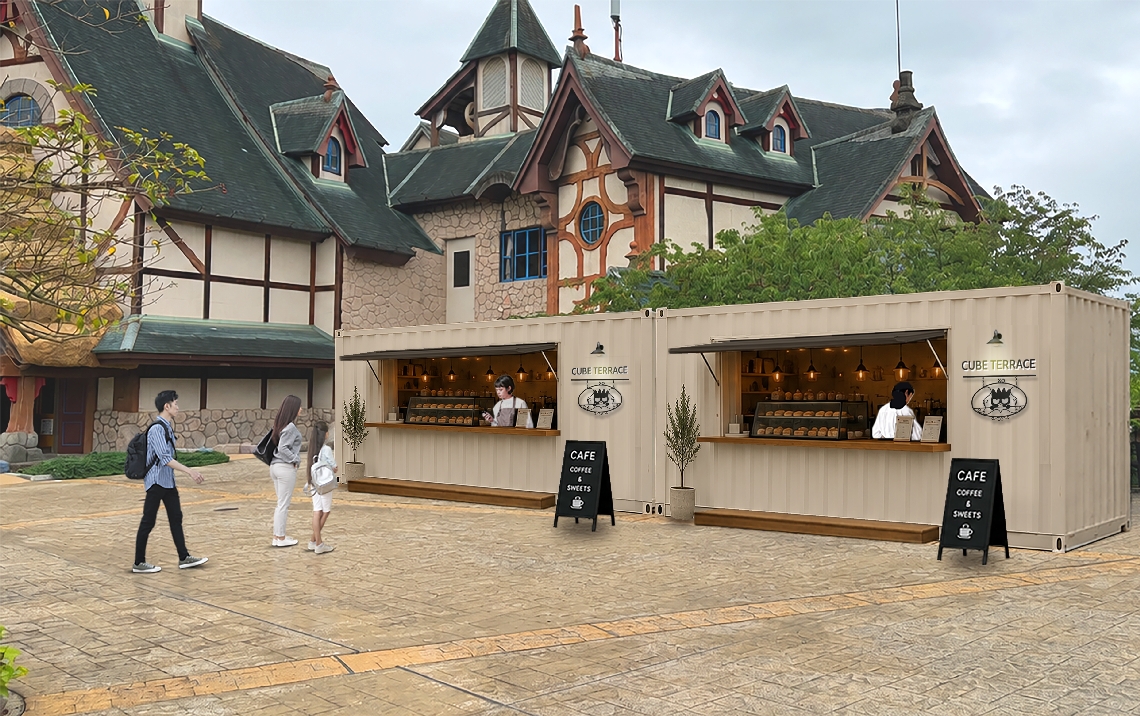 県産食材を使ったメニューを提供するコンテナ型店舗のイメージ（ⓒ２０２６　ＳＡＮＲＩＯ　ＣＯ．，ＬＴＤ．ＴＯＫＹＯ，ＪＡＰＡＮ　著作　株式会社サンリオ）