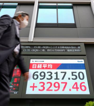 初めて６万９０００円を突破して最高値を更新した日経平均株価終値を示すモニター＝１５日午後、東京都中央区