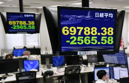 ７万円を割り込んだ日経平均株価の終値を示すモニター＝２３日午後、東京都港区の外為どっとコム