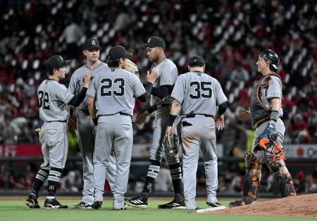 広島に勝利し、タッチを交わす巨人ナイン＝マツダ