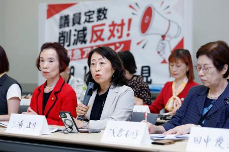議員定数削減に反対する研究者らの記者会見で、発言する上智大の三浦まり教授（左から２人目）＝１５日午後、参院議員会館