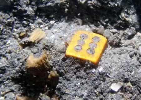鎌倉時代の元寇船から見つかったサイコロのような物＝２１日、長崎県松浦市の鷹島沖（松浦市教育委員会提供）